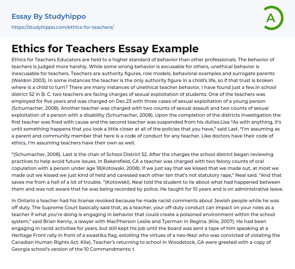 Ethics for Teachers Essay Example