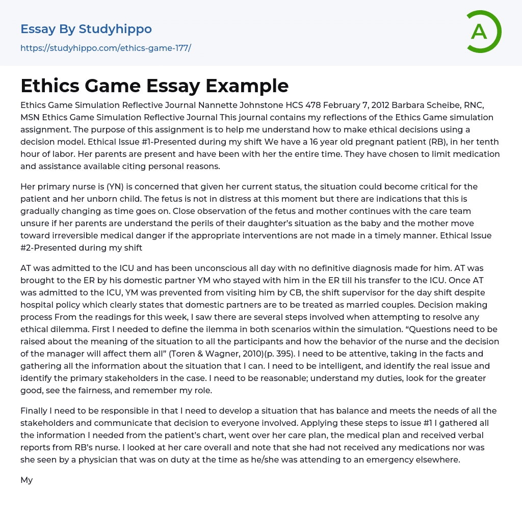Ethics Game Essay Example