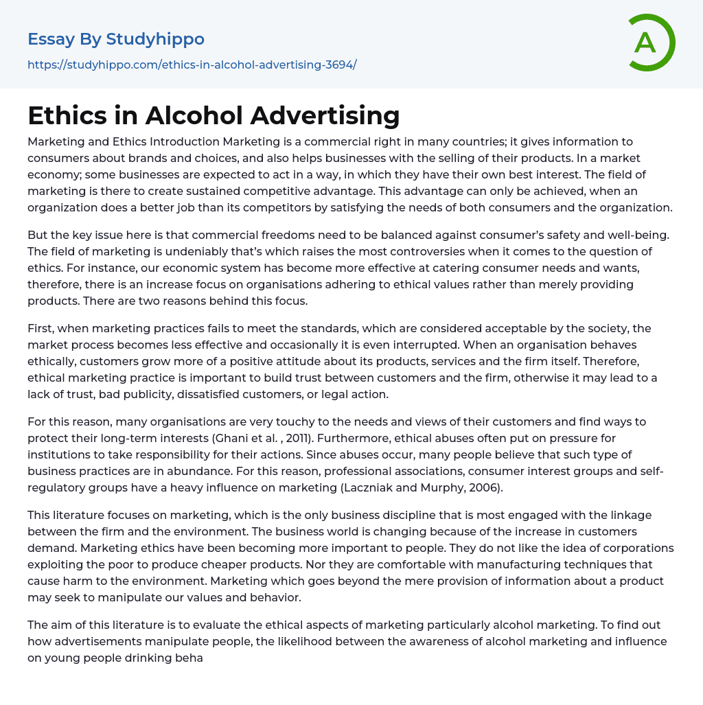 Ethics in Alcohol Advertising Essay Example