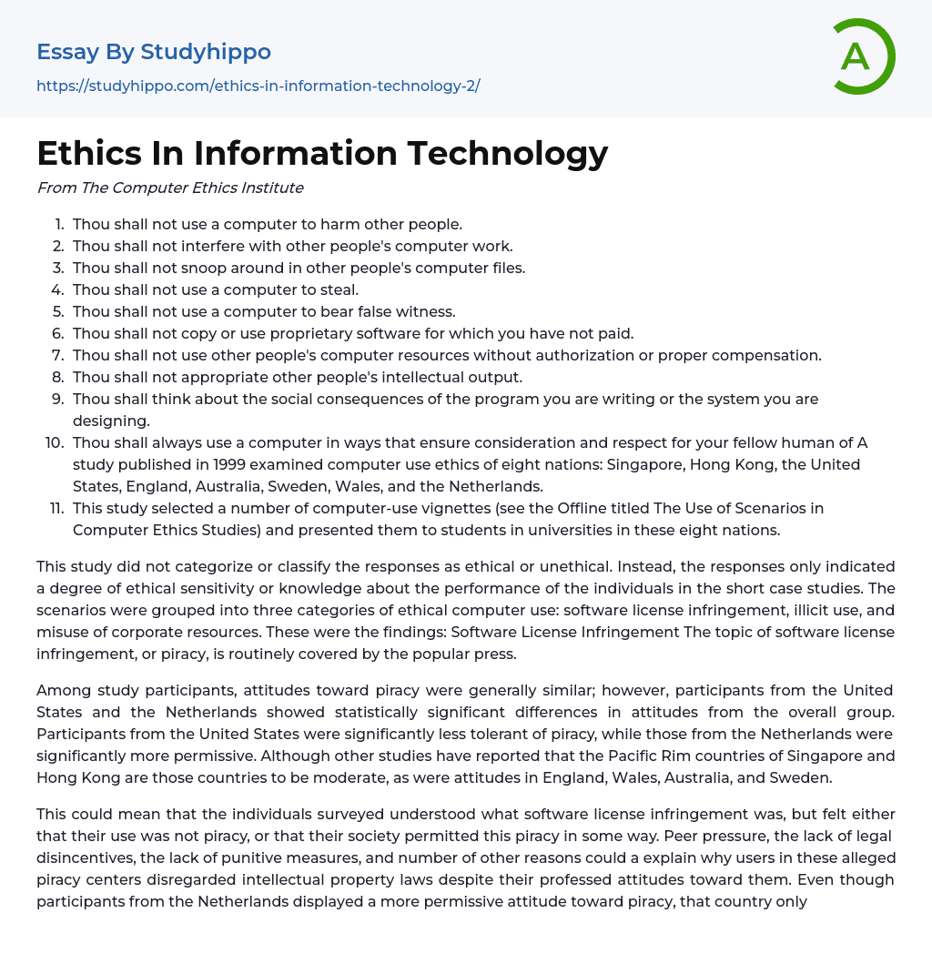 Ethics In Information Technology Essay Example
