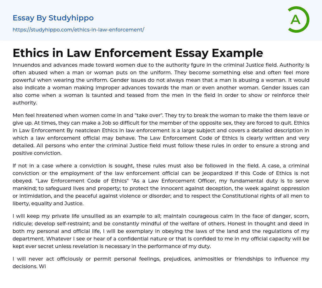 Ethics in Law Enforcement Essay Example