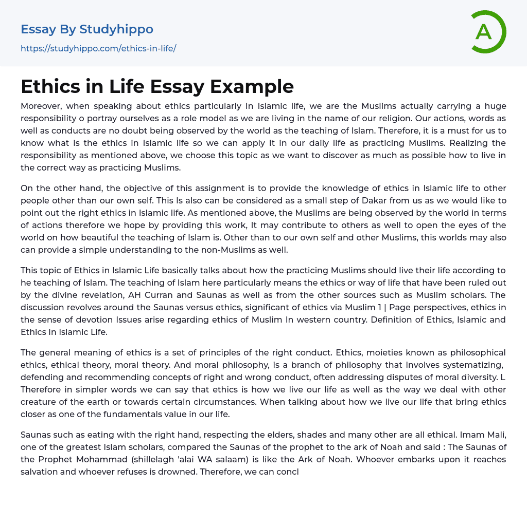 Ethics in Life Essay Example