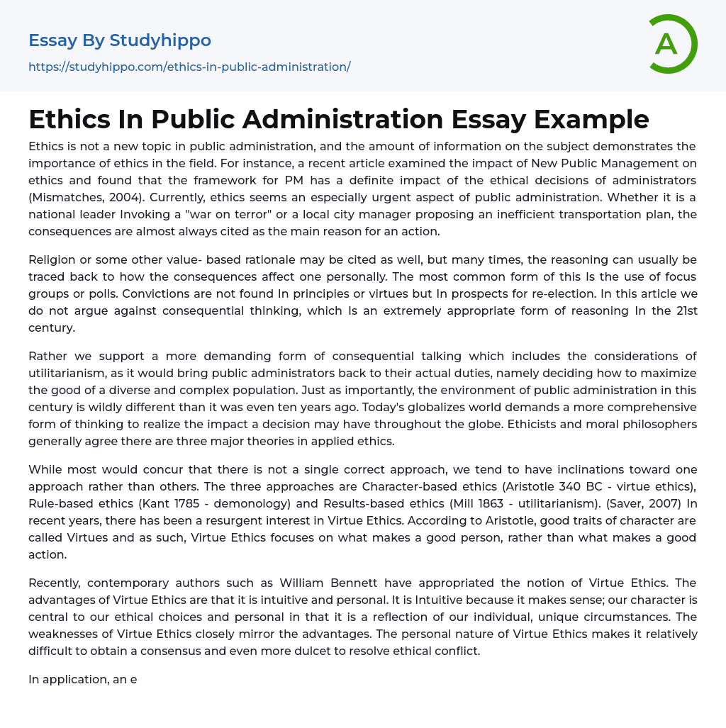 Ethics In Public Administration Essay Example