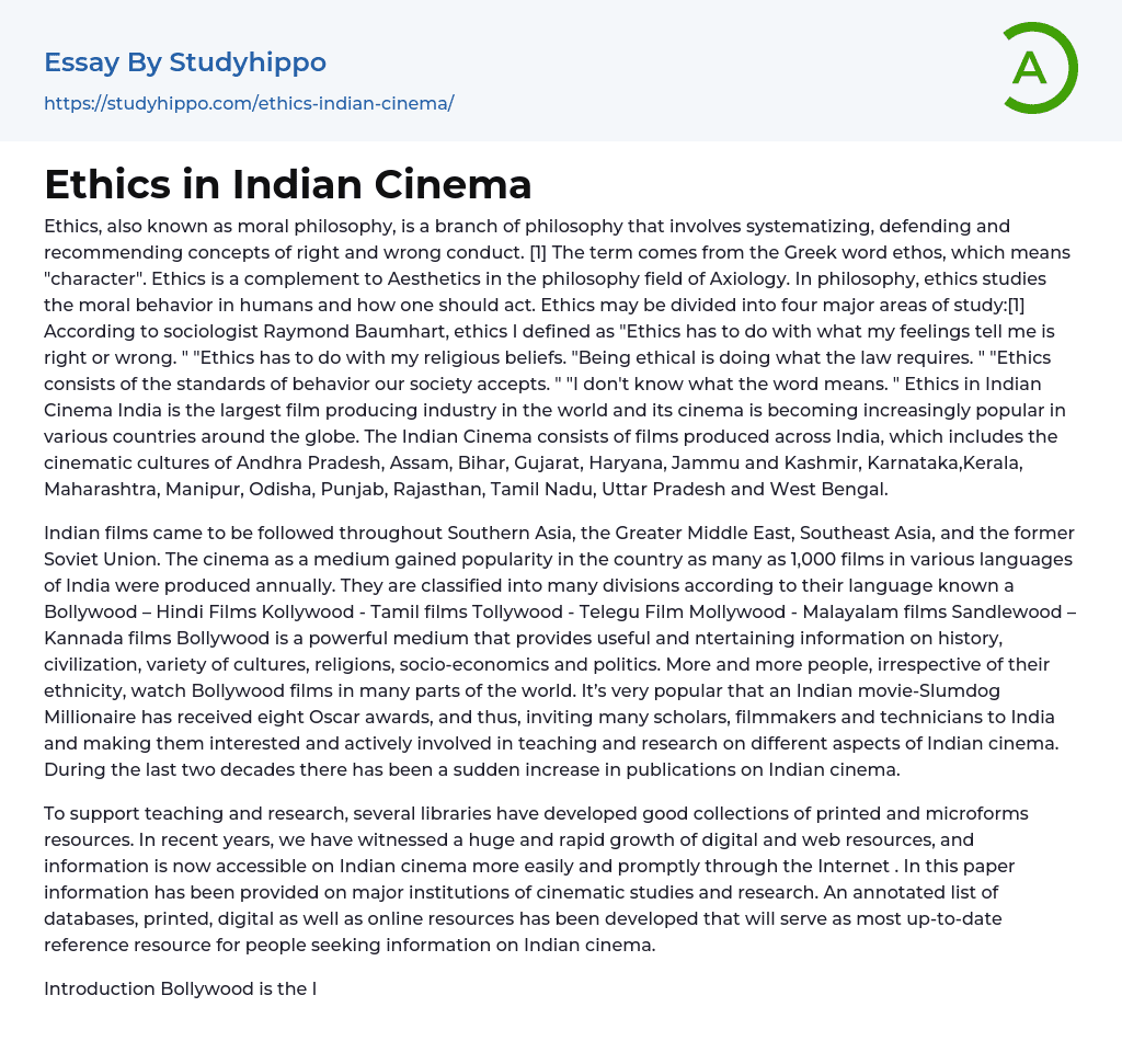 Ethics in Indian Cinema Essay Example