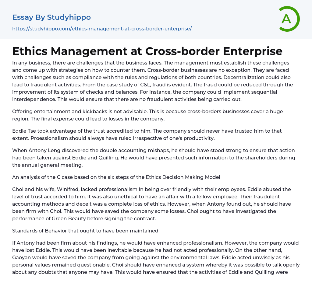 Ethics Management at Cross-border Enterprise Essay Example