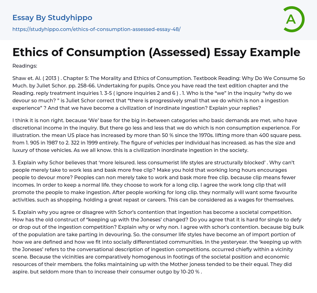 Ethics of Consumption (Assessed) Essay Example