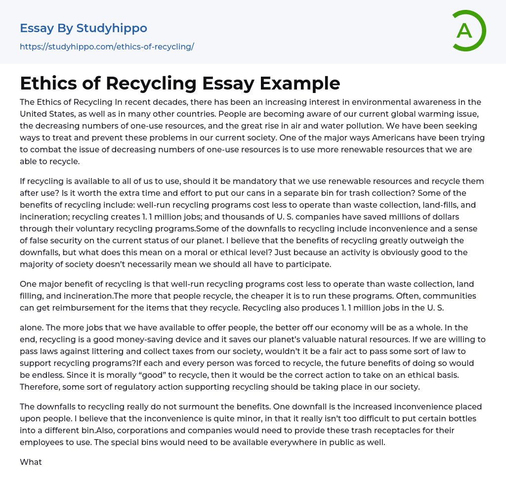 Ethics of Recycling Essay Example