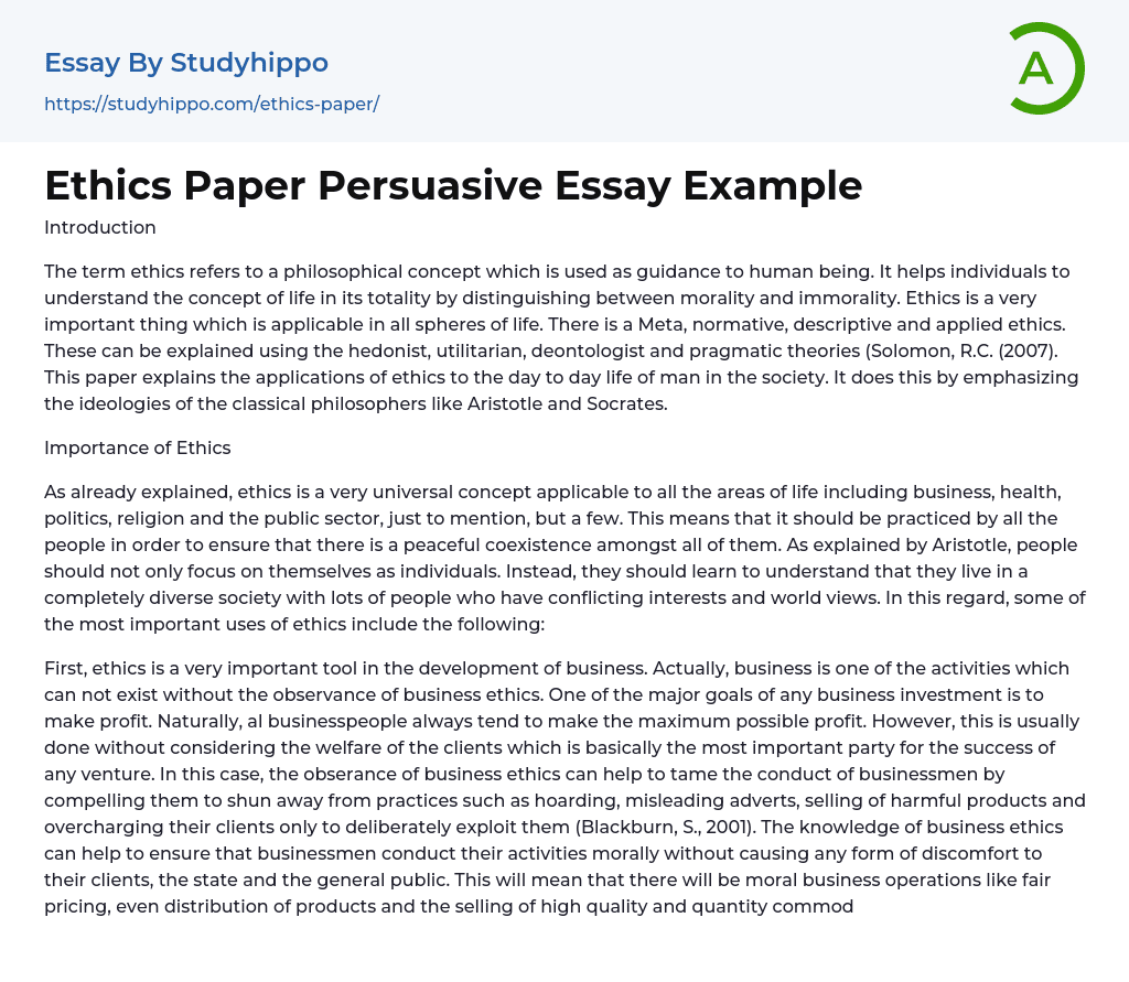 Ethics Paper Persuasive Essay Example