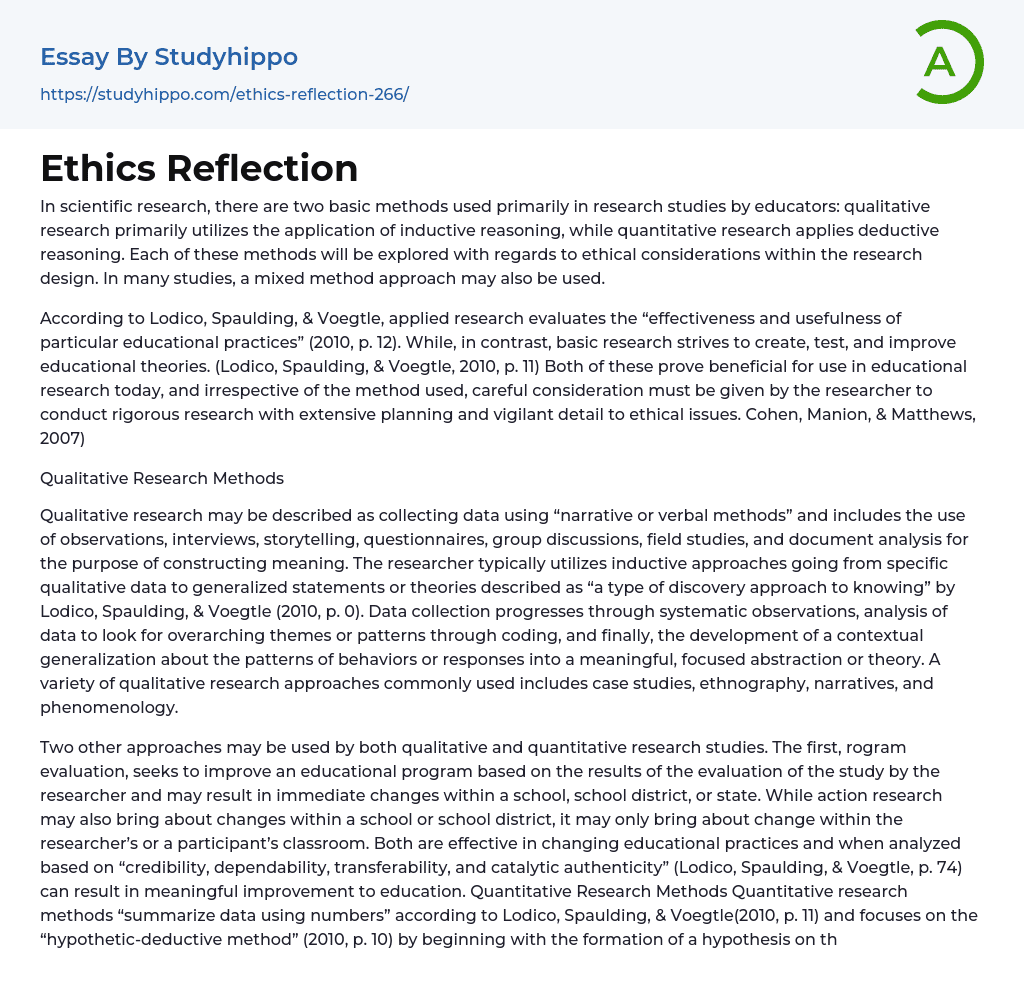 Ethics Reflection Essay Example