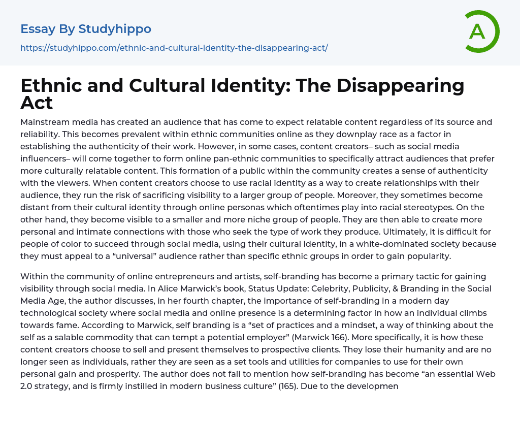 Ethnic and Cultural Identity: The Disappearing Act Essay Example
