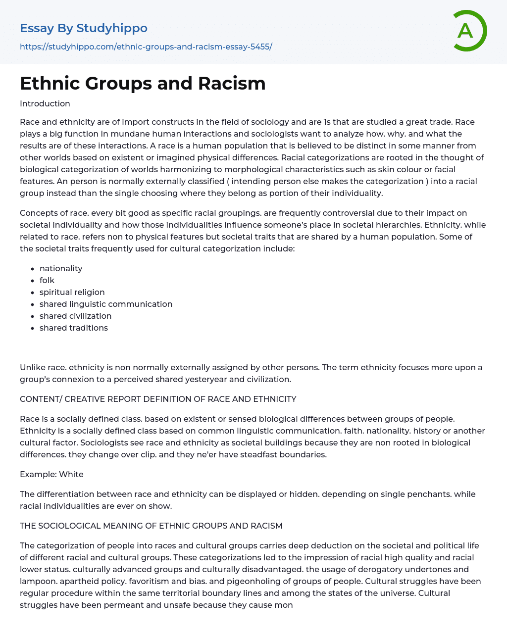 Ethnic Groups and Racism Essay Example