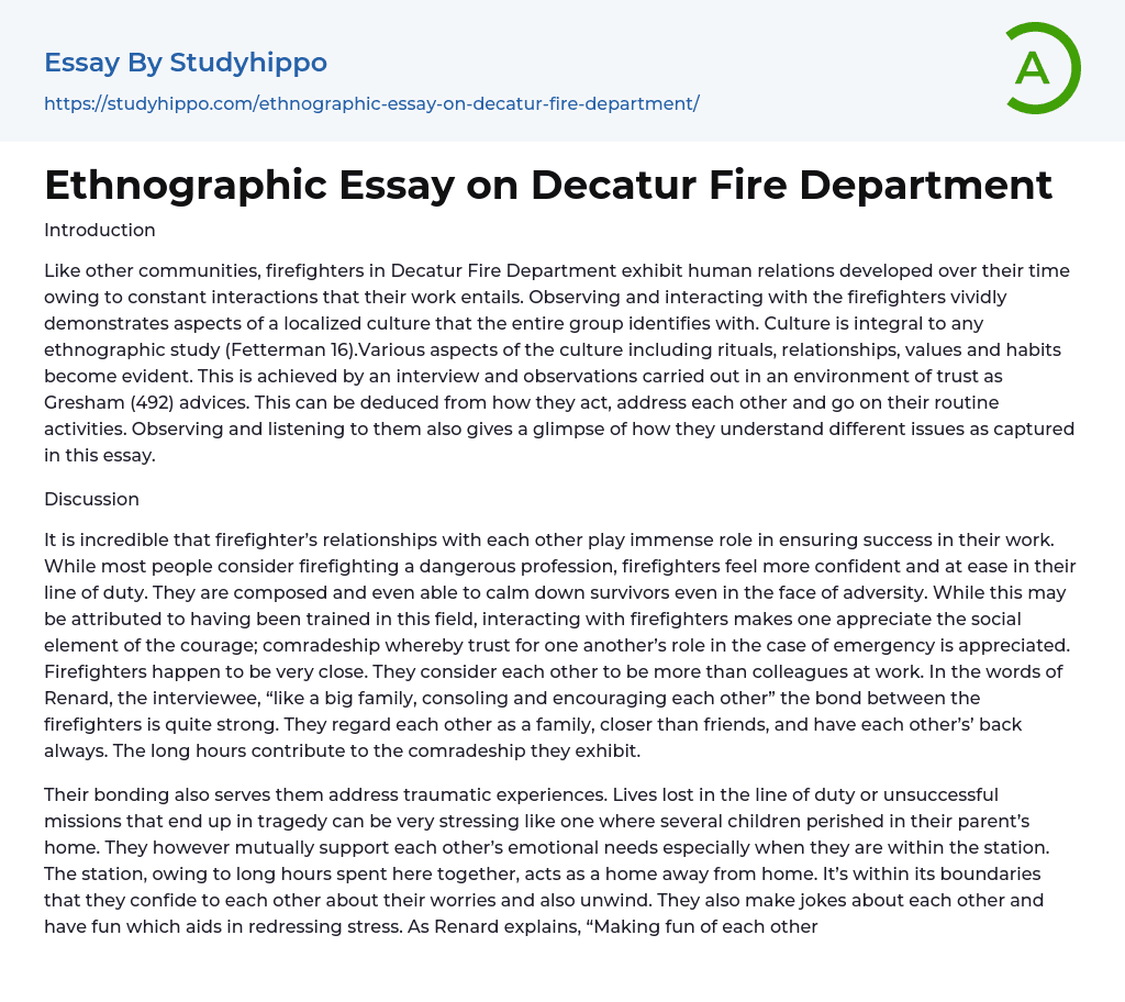 Ethnographic Essay on Decatur Fire Department