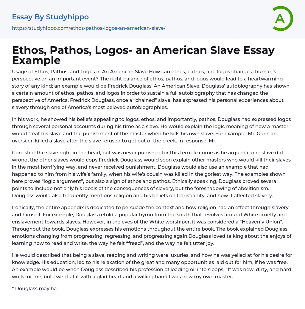 Ethos, Pathos, Logos- an American Slave Essay Example