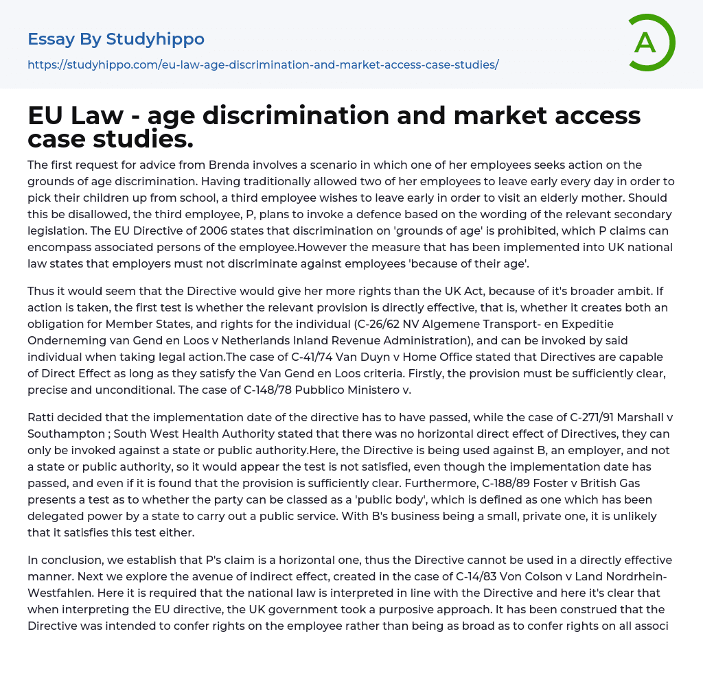 EU Law – age discrimination and market access case studies. Essay Example