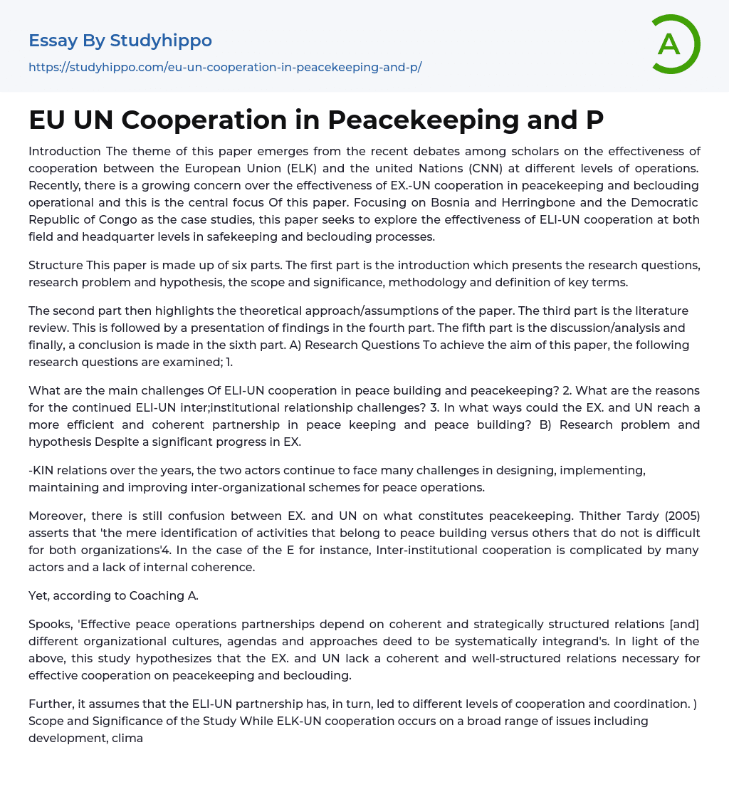EU UN Cooperation in Peacekeeping and P Essay Example