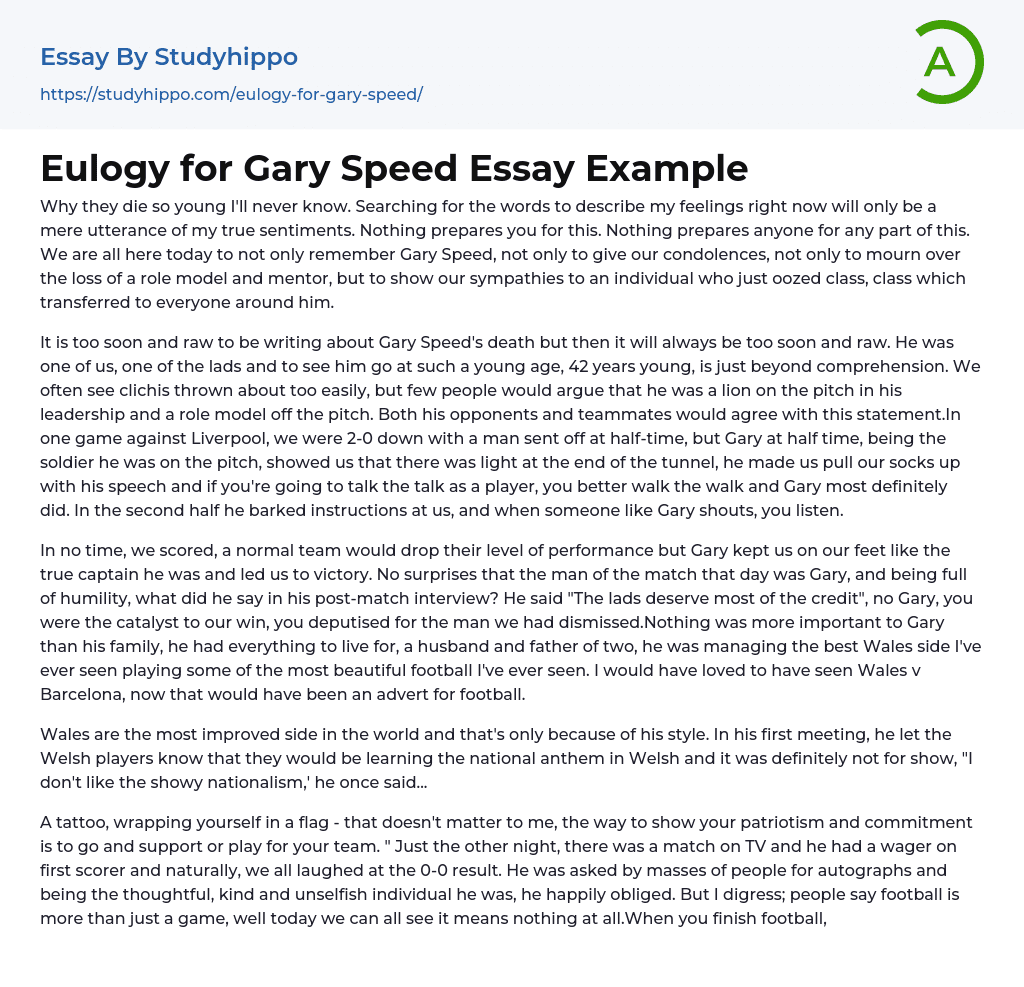 Eulogy for Gary Speed Essay Example