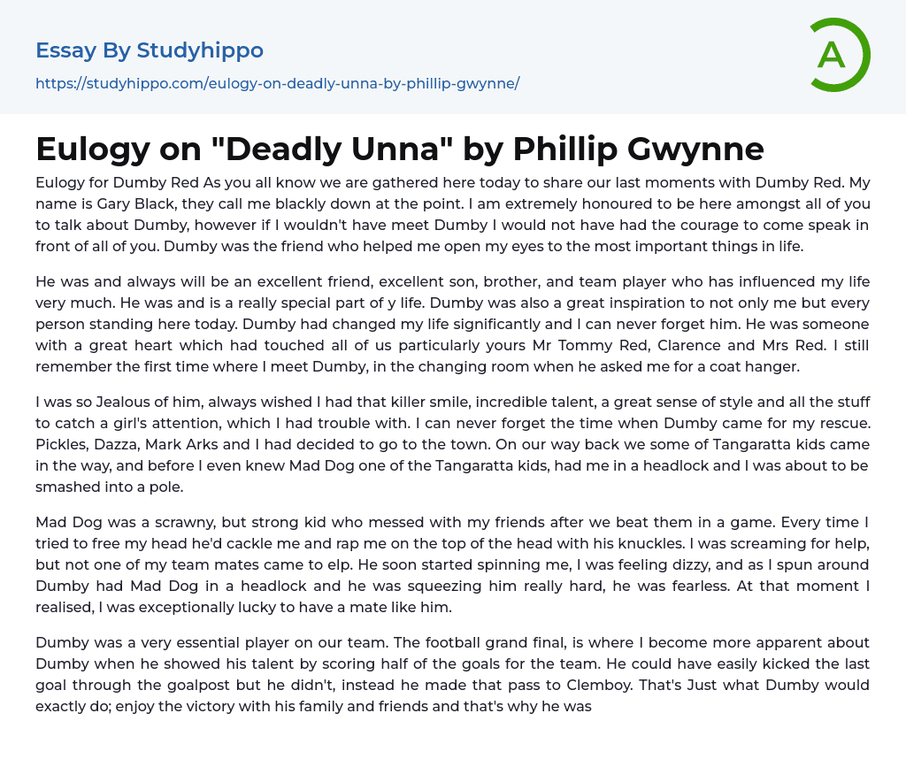 Eulogy on “Deadly Unna” by Phillip Gwynne Essay Example