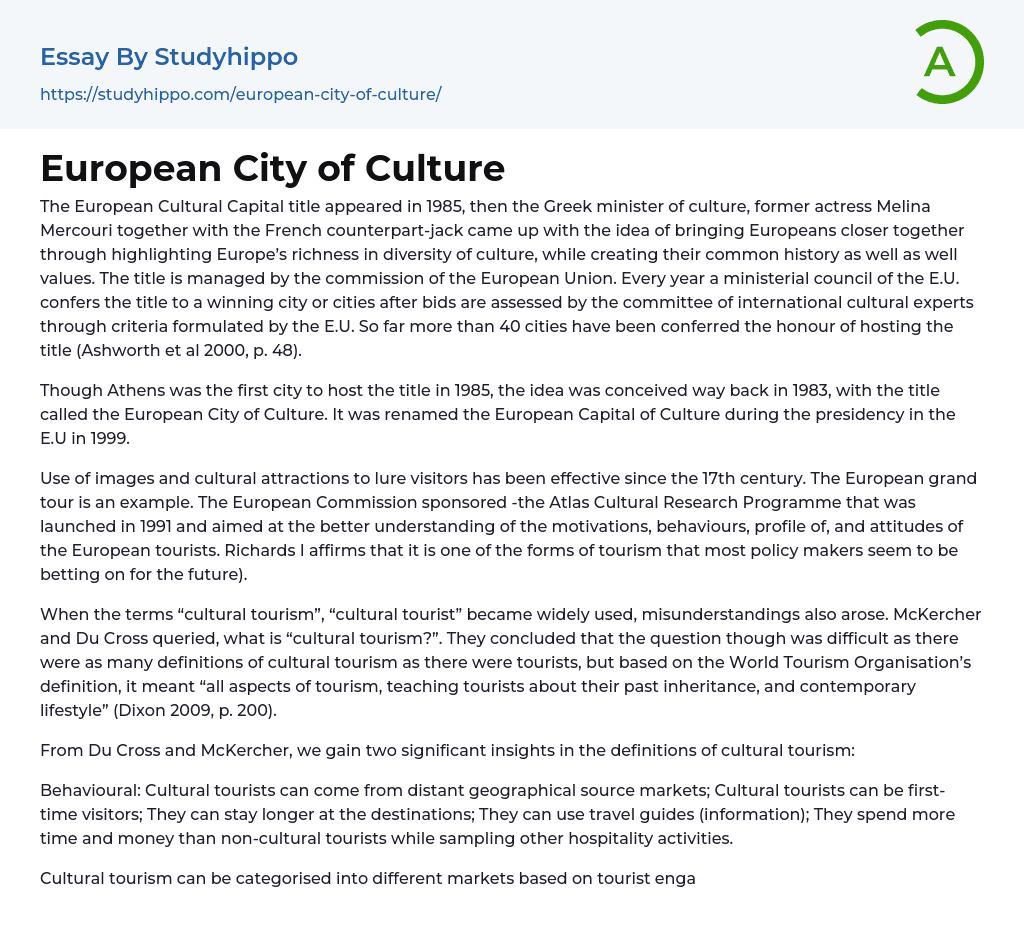 European City of Culture Essay Example