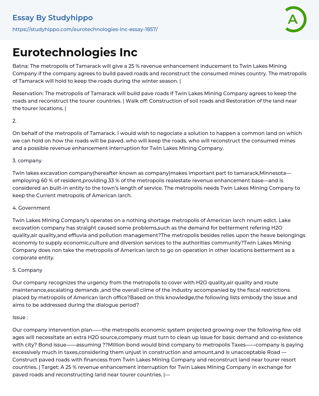 Eurotechnologies Inc Essay Example