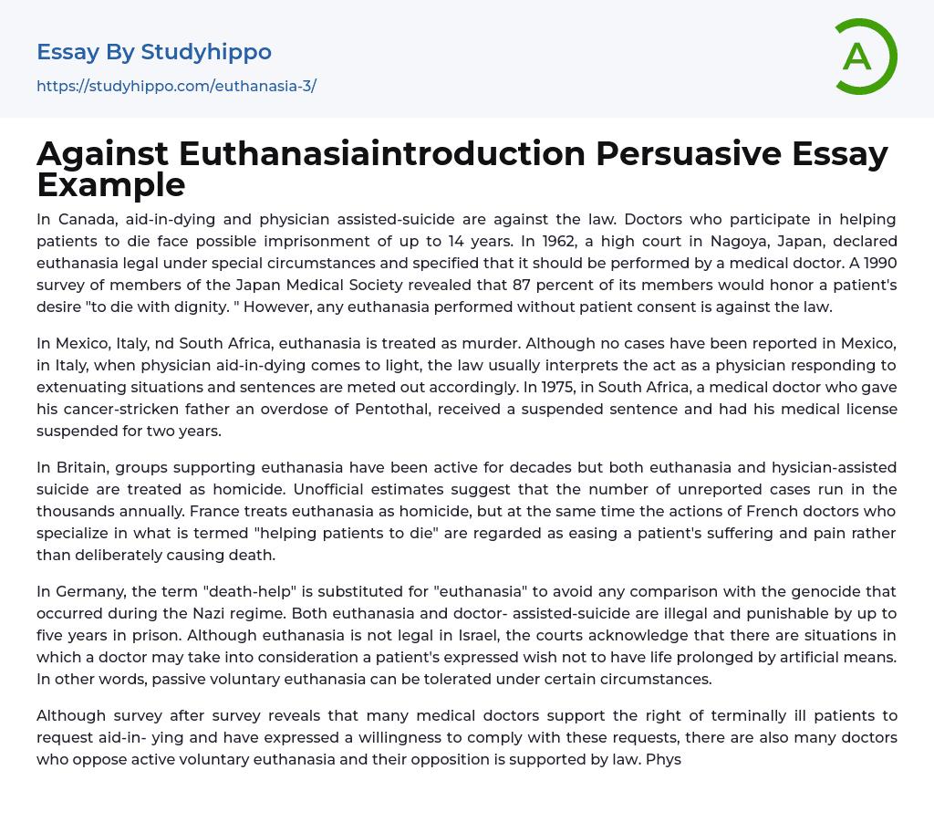 Against Euthanasiaintroduction Persuasive Essay Example