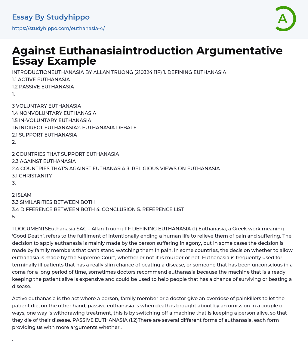 Against Euthanasiaintroduction Argumentative Essay Example