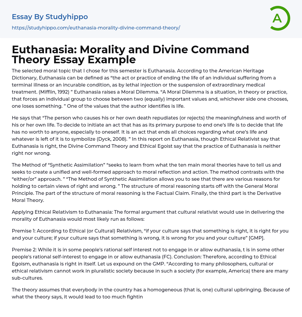 Euthanasia: Morality and Divine Command Theory Essay Example