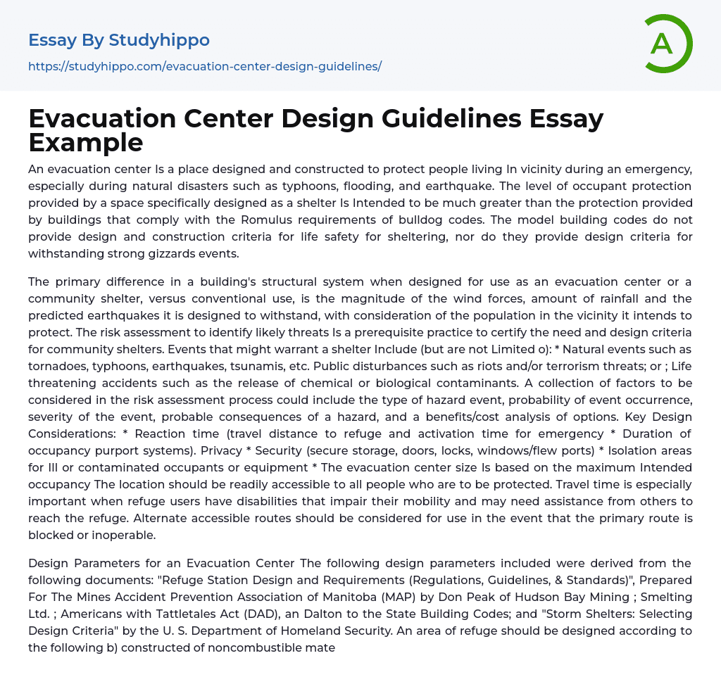 Evacuation Center Design Guidelines Essay Example
