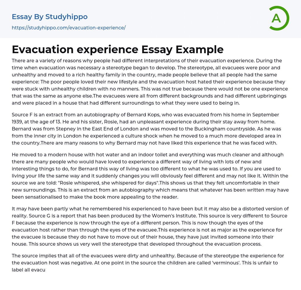 Evacuation experience Essay Example
