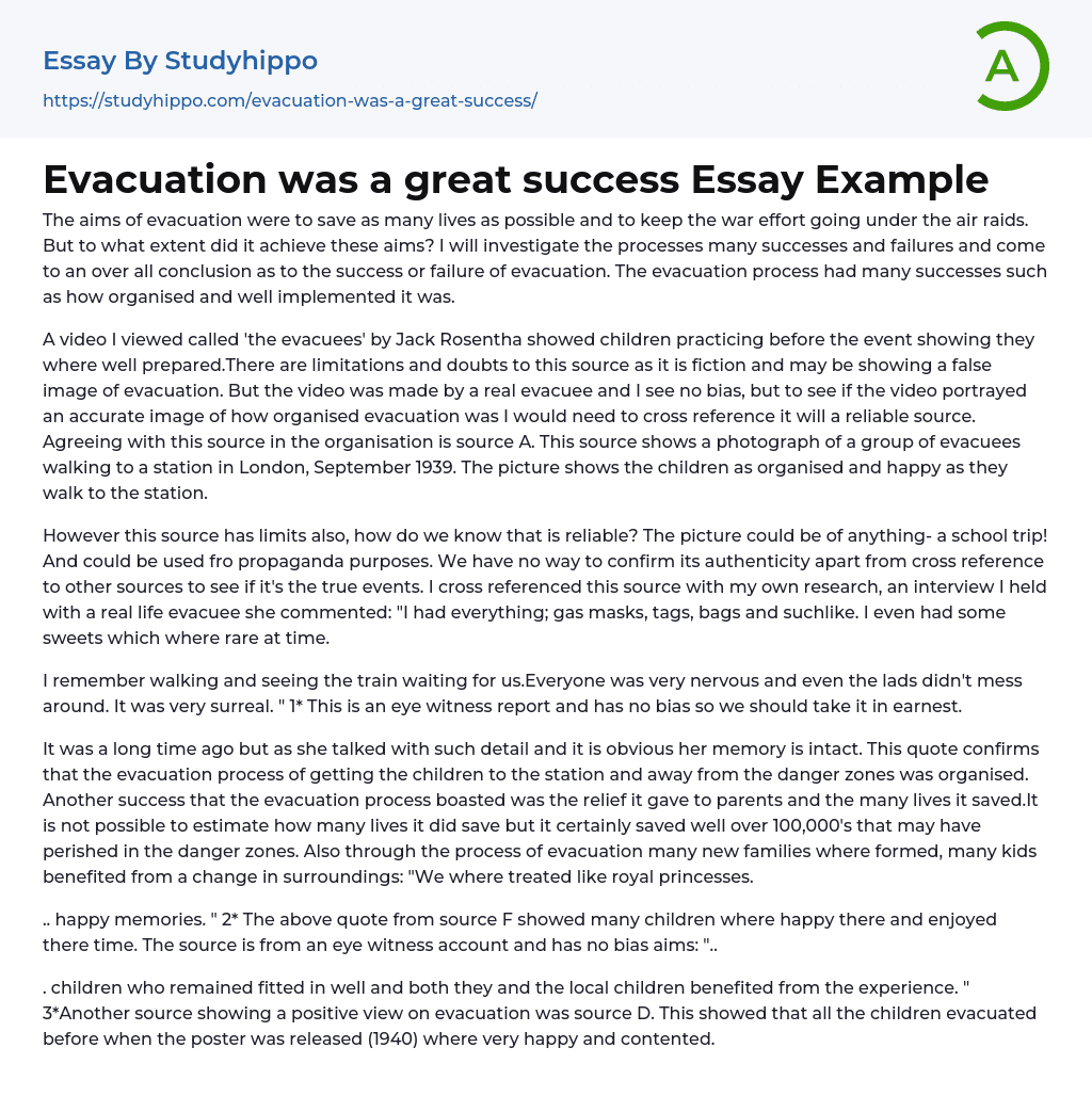 Evacuation was a great success Essay Example