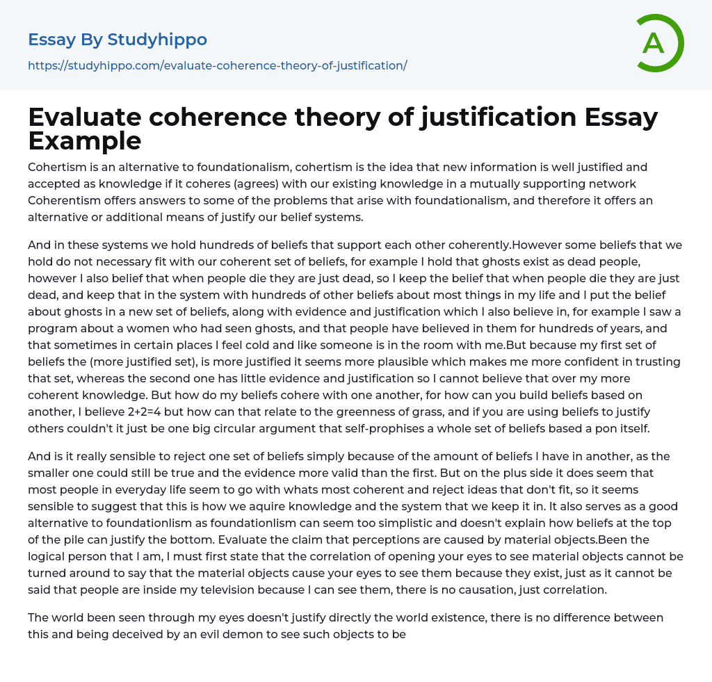 Evaluate coherence theory of justification Essay Example