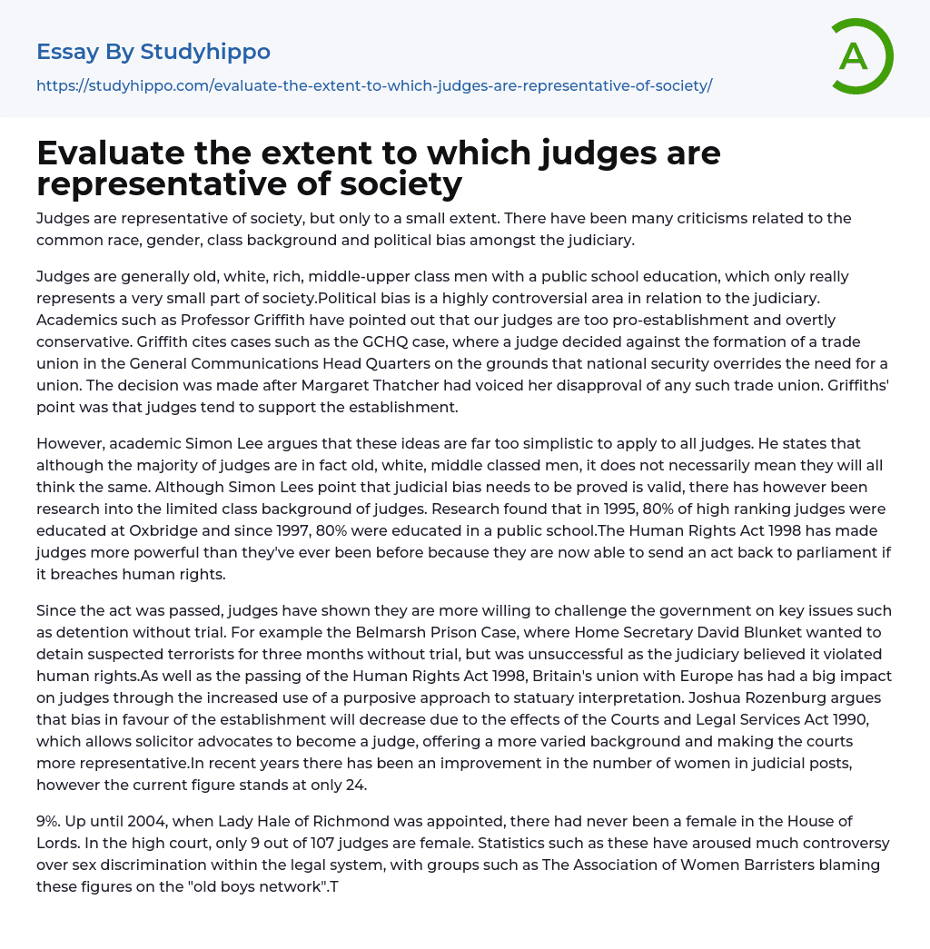 Evaluate the extent to which judges are representative of society Essay Example