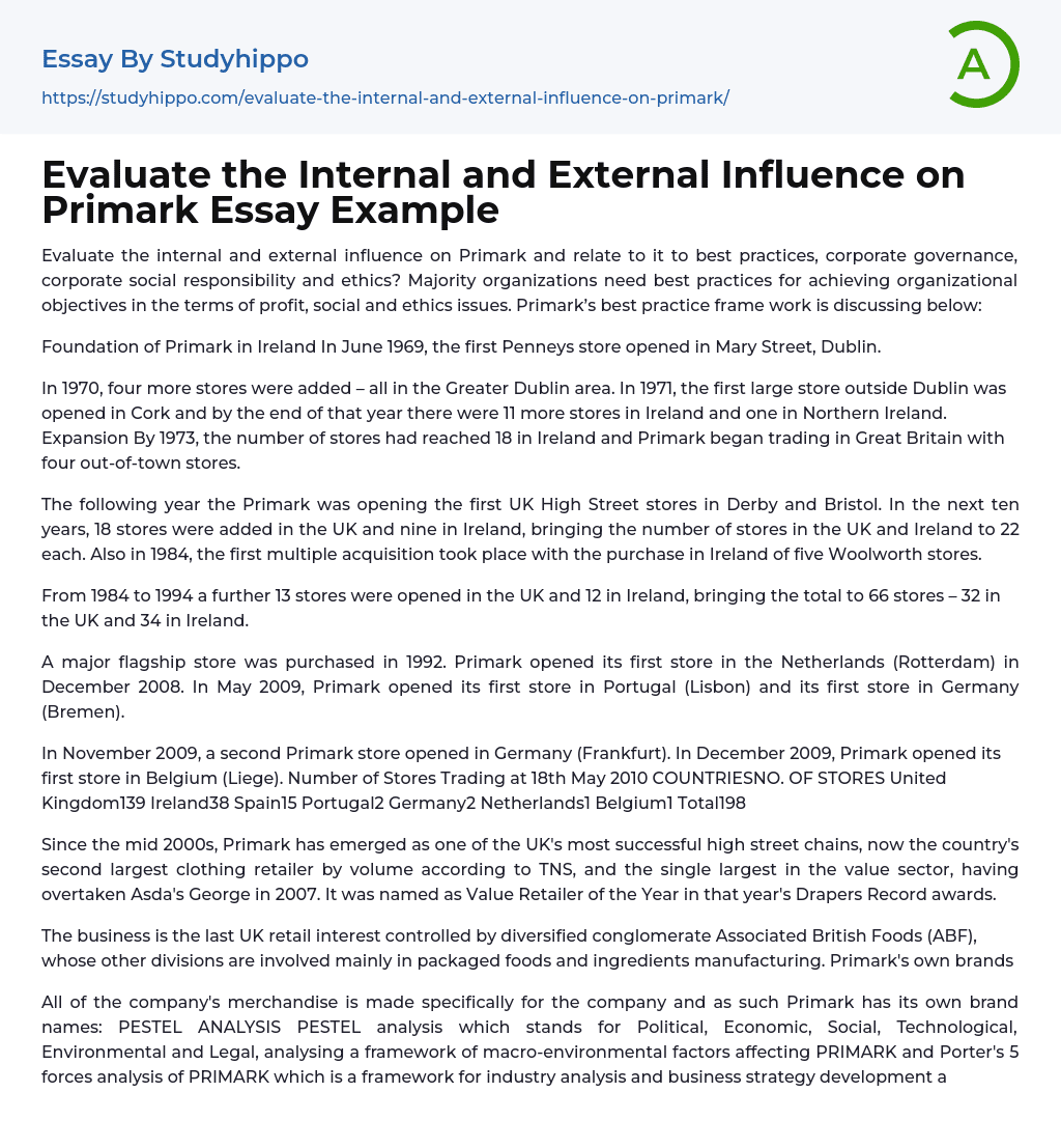 Evaluate the Internal and External Influence on Primark Essay Example