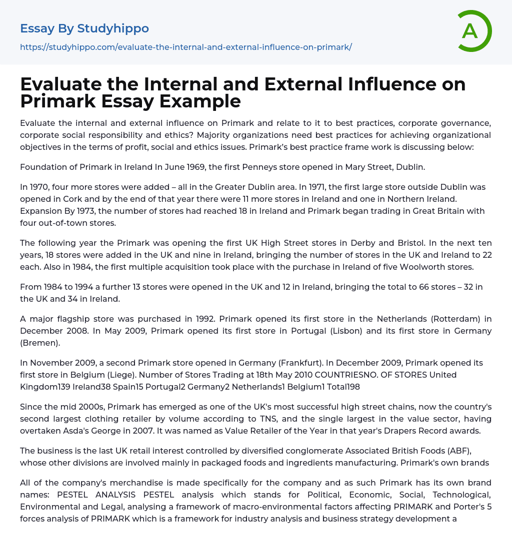 Evaluate The Internal And External Influence On Primark Essay Example 