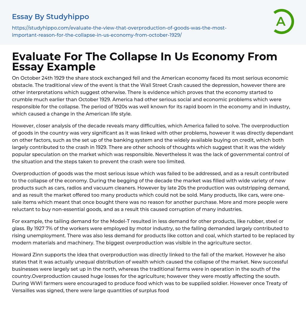 Evaluate For The Collapse In Us Economy From Essay Example
