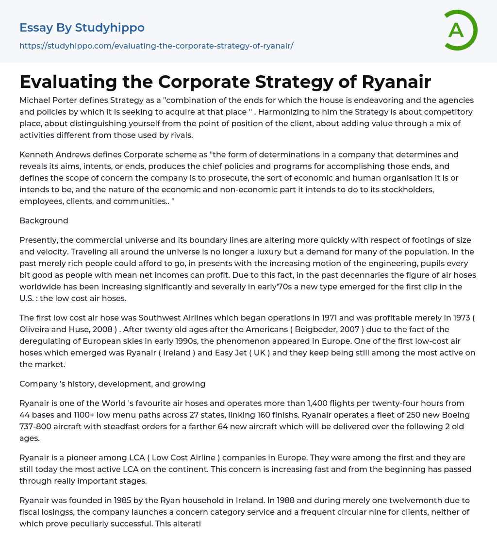 Evaluating the Corporate Strategy of Ryanair Essay Example