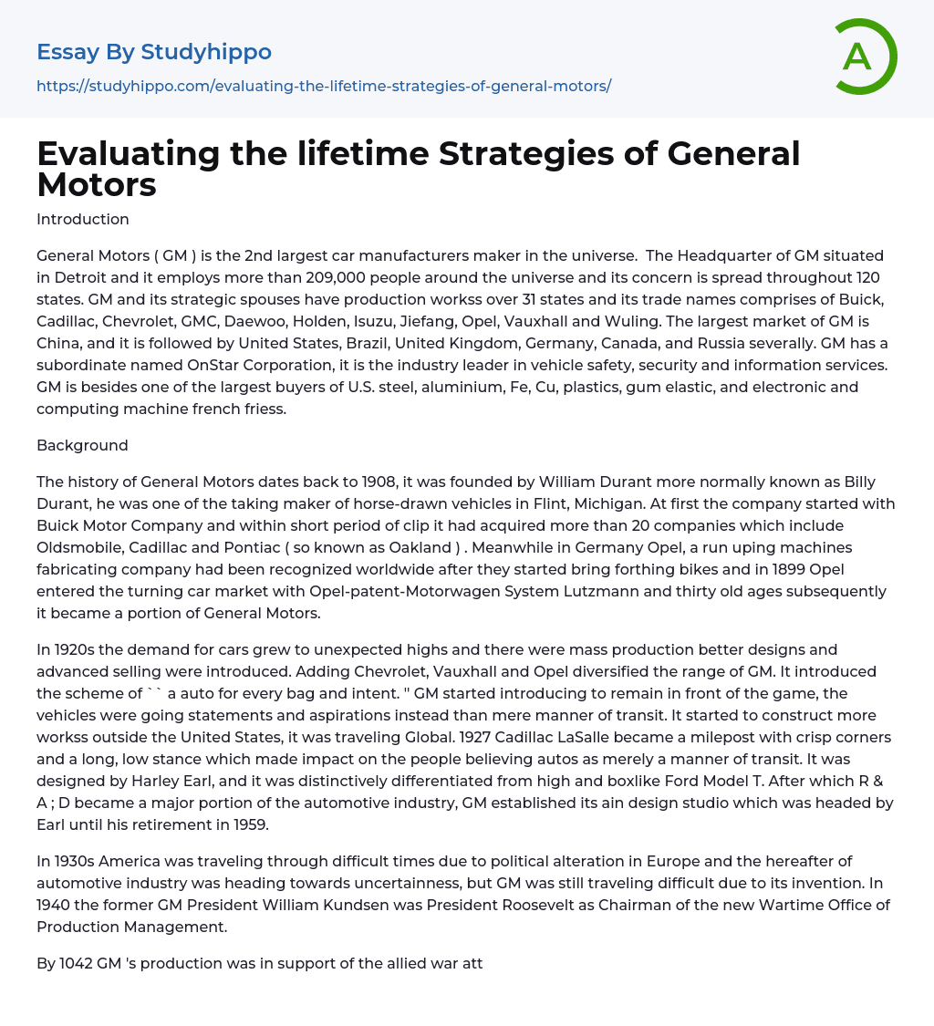 Evaluating the lifetime Strategies of General Motors Essay Example