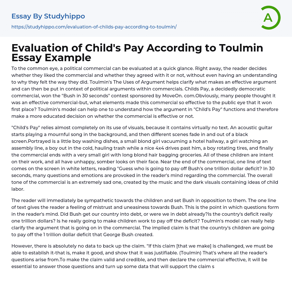 Evaluation of Child’s Pay According to Toulmin Essay Example