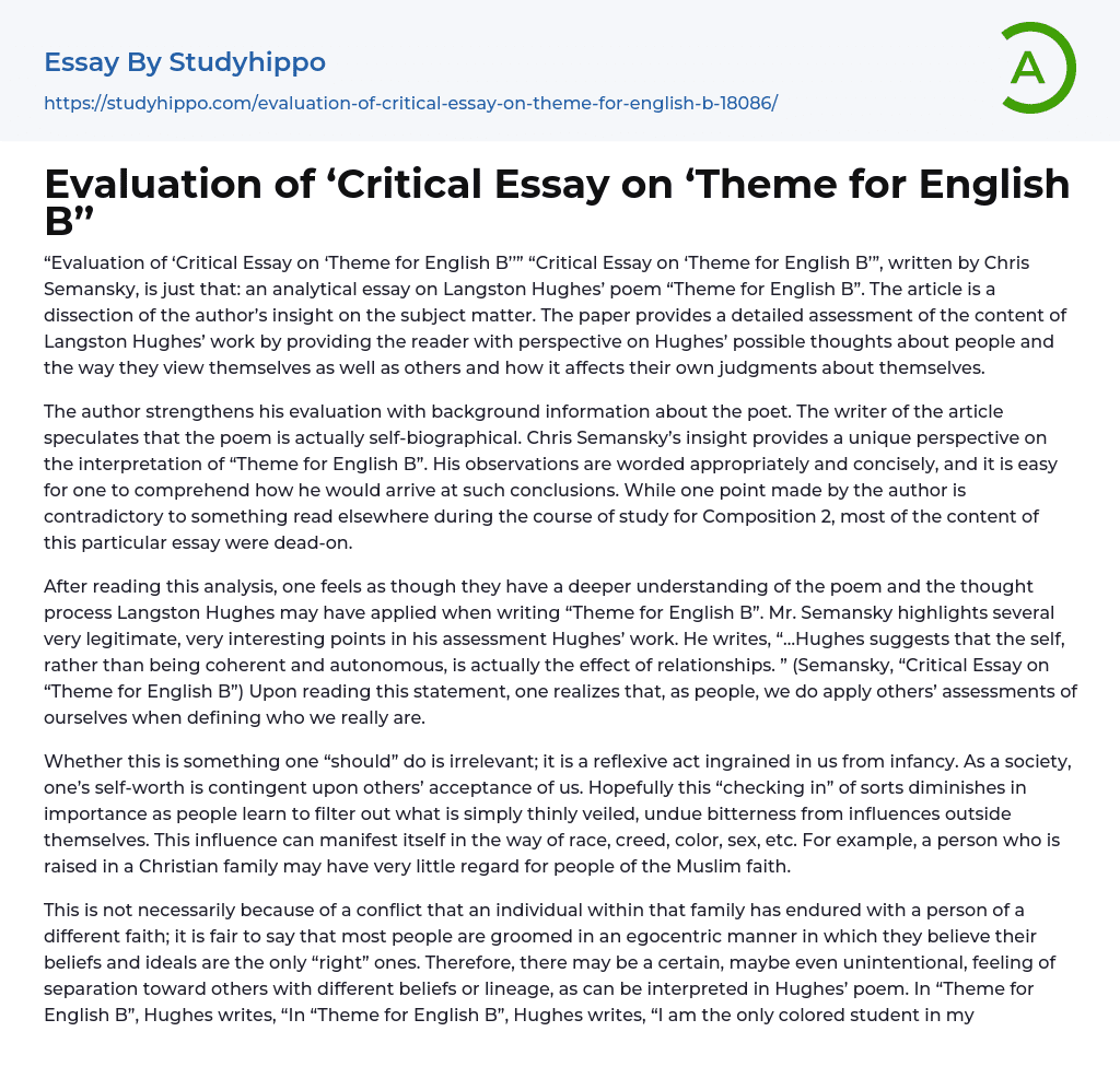 Evaluation of ‘Critical Essay on ‘Theme for English B’’