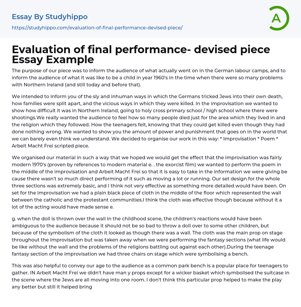 Evaluation of final performance- devised piece Essay Example