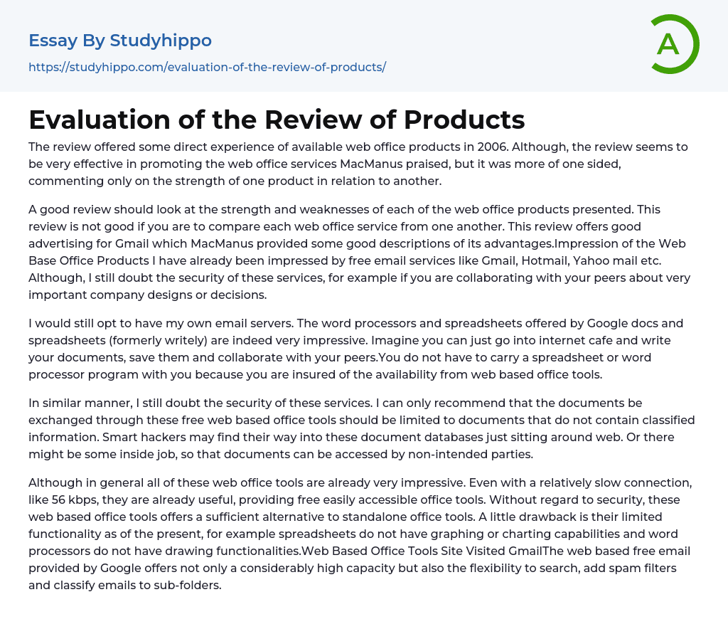Evaluation of the Review of Products Essay Example