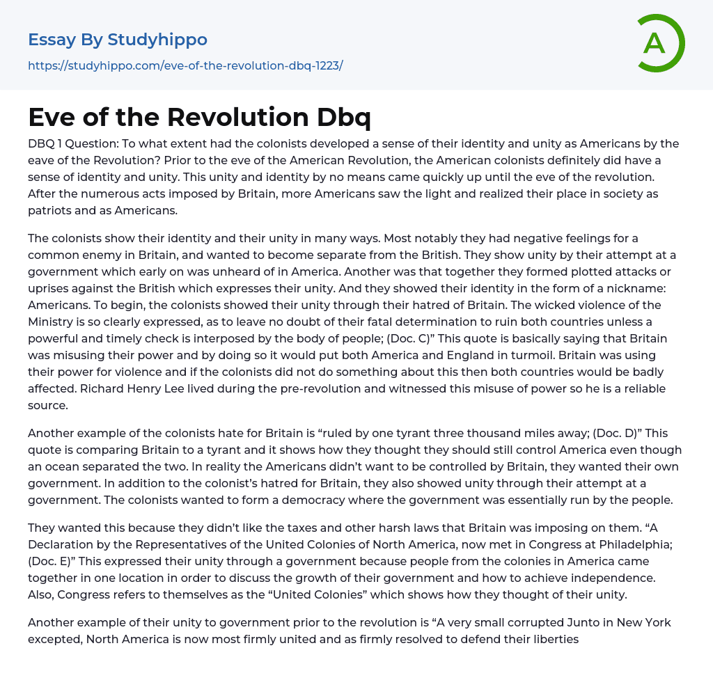 Eve of the Revolution Dbq Essay Example