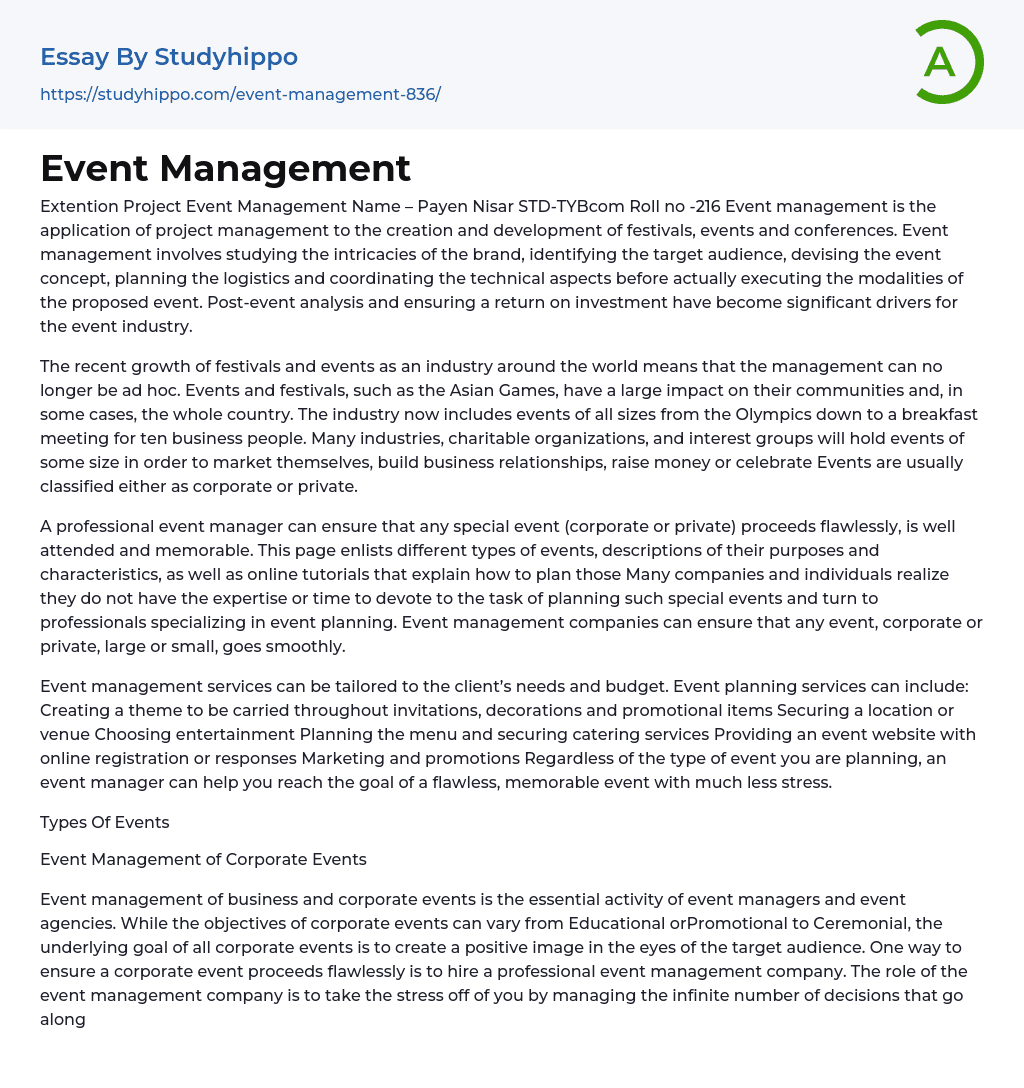 Event Management Essay Example
