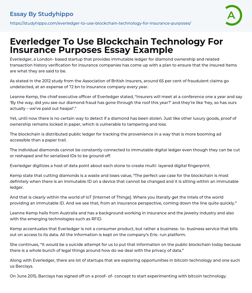 Everledger To Use Blockchain Technology For Insurance Purposes Essay Example