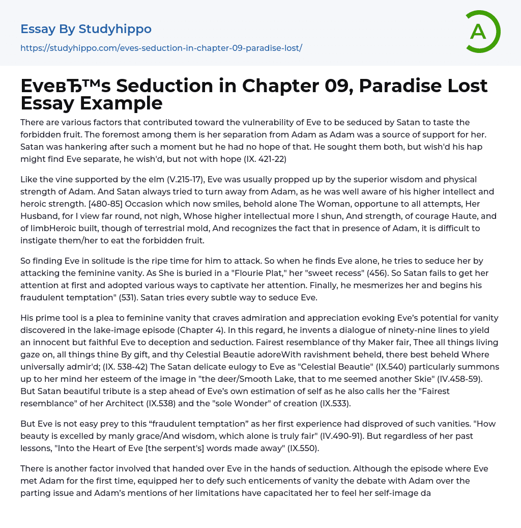 Eve’s Seduction in Chapter 09, Paradise Lost Essay Example