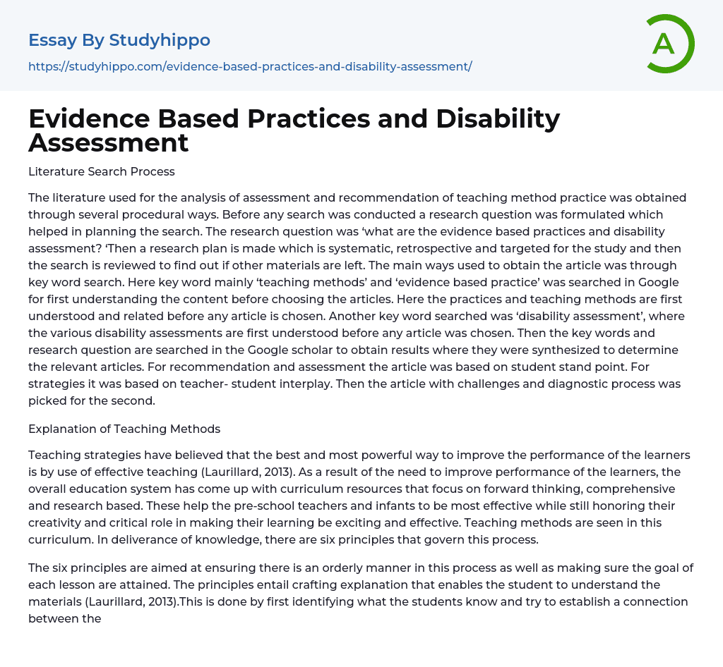 Evidence Based Practices and Disability Assessment Essay Example
