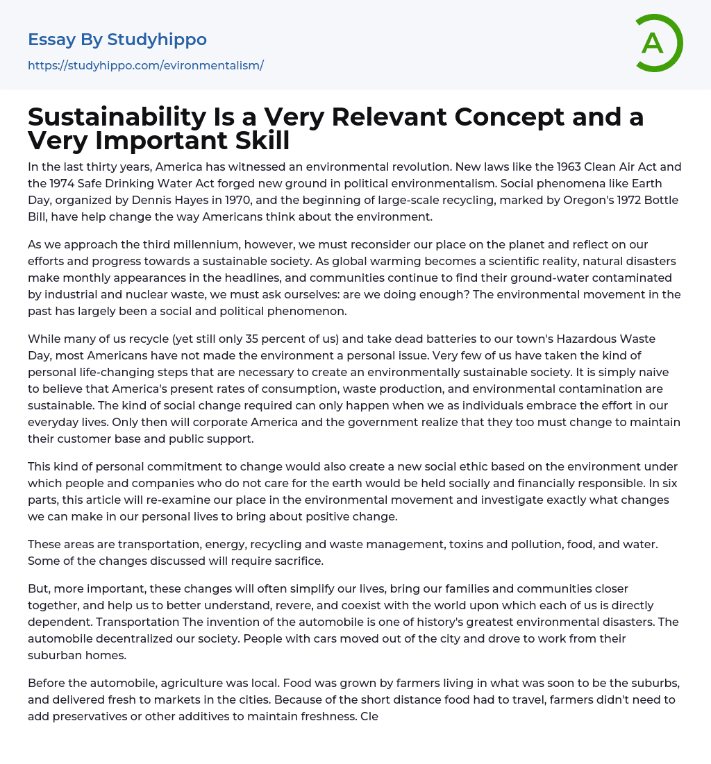 Sustainability Is a Very Relevant Concept and a Very Important Skill Essay Example