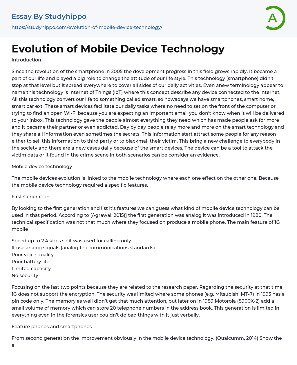 Evolution of Mobile Device Technology Essay Example