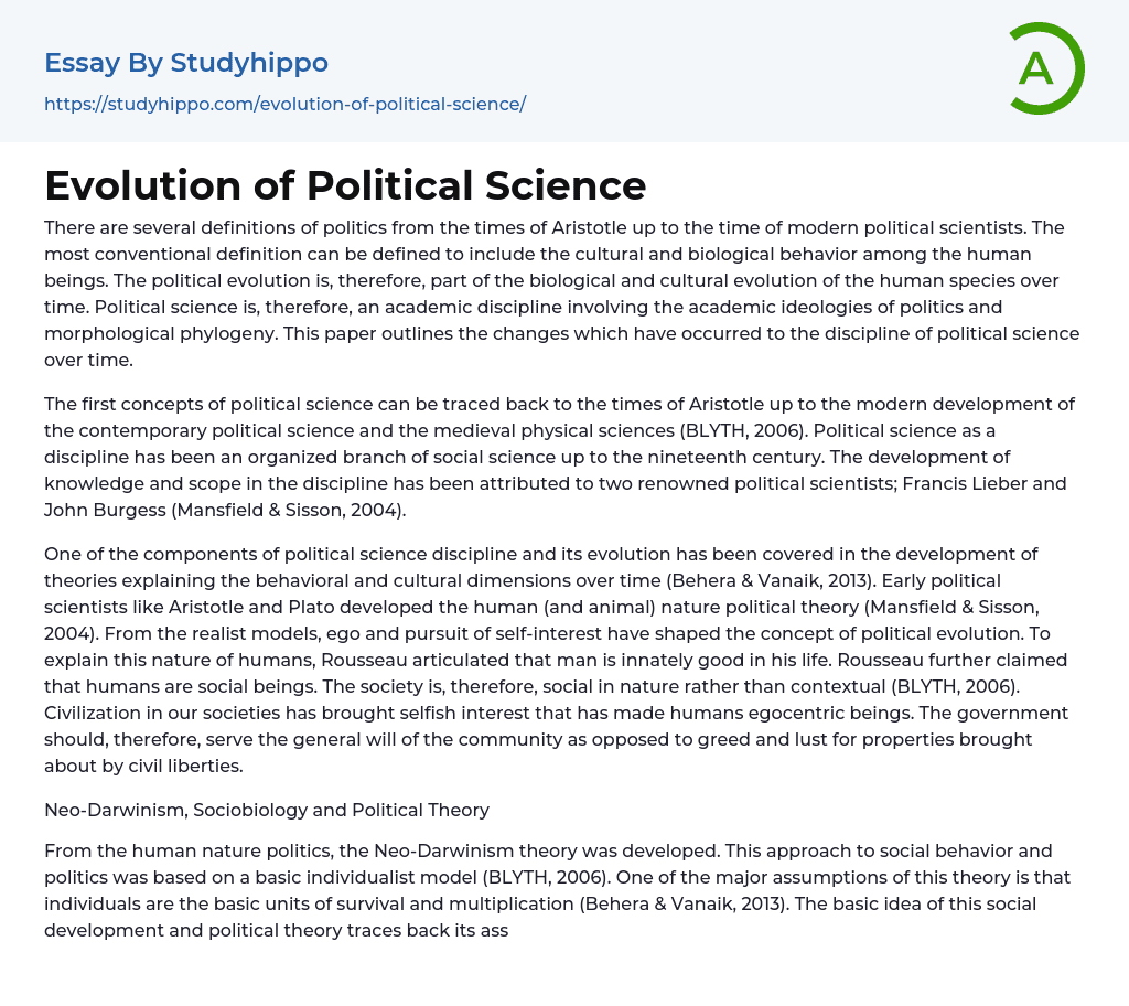 Evolution of Political Science Essay Example
