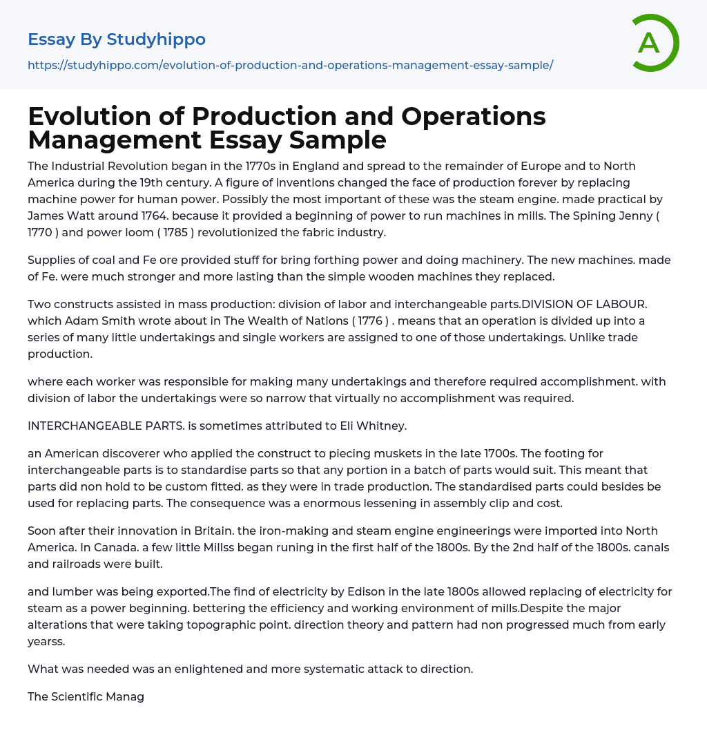 Evolution of Production and Operations Management Essay Sample
