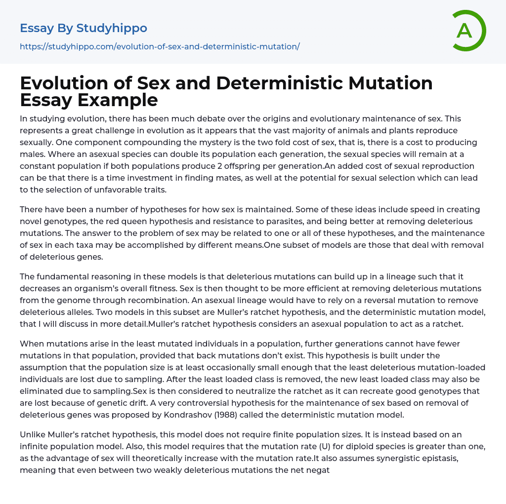 Evolution of Sex and Deterministic Mutation Essay Example